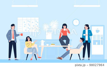 Office coffee break, corporate lunch time on workplace. Drink with colleagues, resting and relaxation on work. People eat and talk recent vector scene Office coffee break, corporate lunch time on workplace. Drink with colleagues, resting and relaxation on work. People eat and talk recent vector scene 98027964