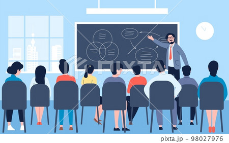 Lecture teaching company. Speakers course or curriculum, business conference presentation. School students classroom or hall, recent vector lesson 98027976