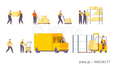 Storehouse workers. Worker with warehouse inventory or freight truck loading delivery boxes, loads distribution working staff carries cargo in storage, splendid vector illustration Storehouse workers. Worker with warehouse inventory or freight truck loading delivery boxes, loads distribution working staff carries cargo in storage, splendid vector illustration 98028177