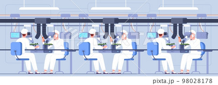 Pcb assembly. Workers with oscilloscope soldering working on factory electronics production line, research test laboratory china microchip component, splendid vector illustration Pcb assembly. Workers with oscilloscope soldering working on factory electronics production line, research test laboratory china microchip component, splendid vector illustration 98028178