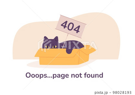 Cat error page. Asleep kitten in box with 404 sign, empty pages not found, computer internet trouble oops lost fail website, cartoon chubby kitty on white space vector illustration Cat error page. Asleep kitten in box with 404 sign, empty pages not found, computer internet trouble oops lost fail website, cartoon chubby kitty on white space vector illustration 98028193