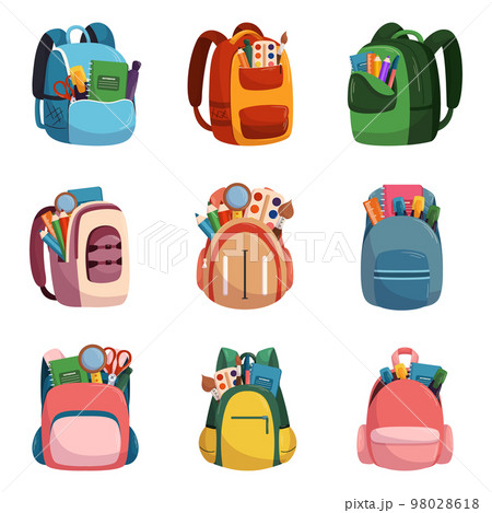 Set Of Schoolbags, Kids School Bags Of Bright Colors, Knapsacks And Rucksacks With Student Stationery And Notebooks 98028618