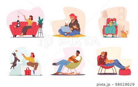 Set Of People Spend Time With Cats And Dogs. Male And Female Characters Playing, Hugging With Pets Vector Illustration 98028629