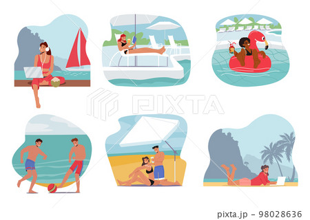 Set Of People Relax On Beach Resort. Relaxed Male And Female Characters Work On Laptop, Tanning On Yacht 98028636