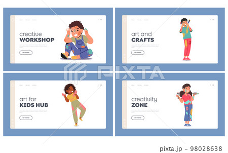 Little Kids Painting Landing Page Template Set. Cute Children Characters with Dye Spots on Clothes, Face and Hands 98028638