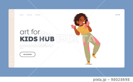 Arts for Kids Hub Landing Page Template. Cute Little Girl with Dye Spots on Clothes, Face and Hands. Happy Childhood 98028698