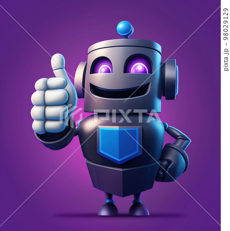 Black smiling robot standing with thumbs up over minimal background, full body view. 3d digital illustration 98029129