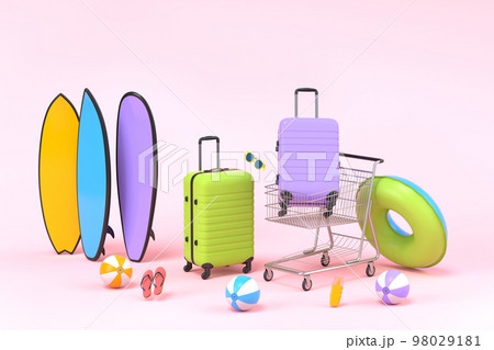 Colorful luggage with beach accessories and shopping trolley on pink background. 98029181