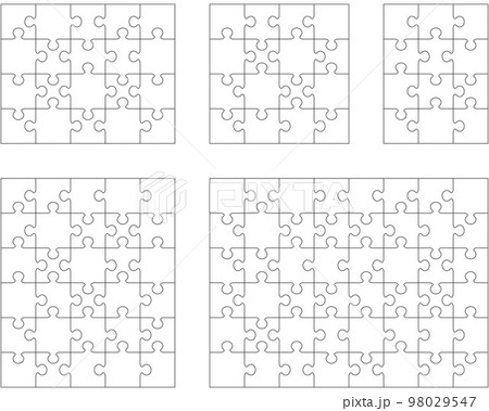 Illustration of five white puzzles, separate pieces Illustration of five white puzzles, separate pieces 98029547