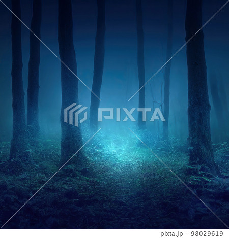 Mysterious glowing blue path in dark enchanted...のイラスト素材 [98029619] - PIXTA