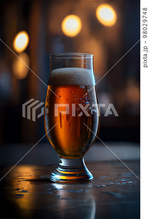 Glass of beer on dark floor in the foreground. Illustration Generative AI 98029748