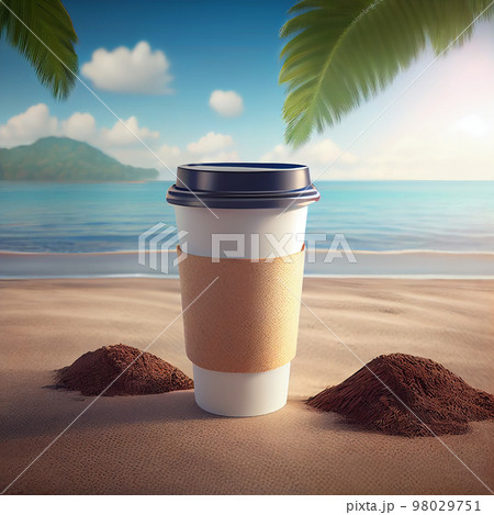 Coffee to go against the backdrop of a palm tree and the sea. Illustration Generative AI 98029751