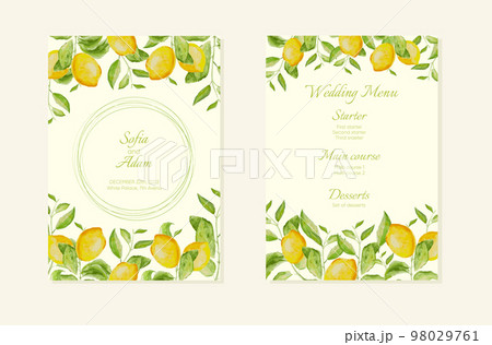 Wedding invitation card with watercolor lemon brunches. Template for greeting, birthday cards, posters with text place. 98029761