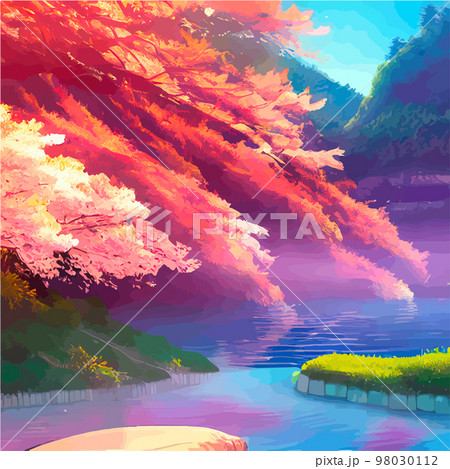 vector illustration. artistic picture Japan volcanic mountains. Asian scenic wallpaper with cherry trees Mount Fuji background. Extremely beautiful pink trees with volumetric light in anime style.  98030112