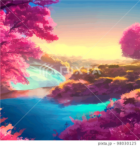 vector illustration. artistic picture Japan volcanic mountains. Asian scenic wallpaper with cherry trees Mount Fuji background. Extremely beautiful pink trees with volumetric light in anime style. vector illustration. artistic picture Japan volcanic mountains. Asian scenic wallpaper with cherry trees Mount Fuji background. Extremely beautiful pink trees with volumetric light in anime style. 98030125