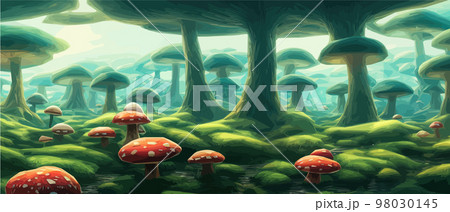 Surreal mushroom landscapes, fantasy wonderland landscape with moon mushrooms. vector illustration. Dreamy fantasy mushrooms in a magical forest. banner illustration Surreal mushroom landscapes, fantasy wonderland landscape with moon mushrooms. vector illustration. Dreamy fantasy mushrooms in a magical forest. banner illustration 98030145