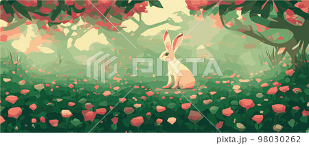 Rabbits. Beautiful art design vector of cute little easter bunnies in a blooming meadow. Spring flowers and green grass. Rabbits. Sun rays . Vector banner illustration Rabbits. Beautiful art design vector of cute little easter bunnies in a blooming meadow. Spring flowers and green grass. Rabbits. Sun rays . Vector banner illustration 98030262