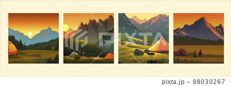 Summer camp with couple, tent and bonfire at night. Vector cartoon landscape of a natural park, countryside with a lake mountains in the background. Picnic on bank of the river, a set illustrations Summer camp with couple, tent and bonfire at night. Vector cartoon landscape of a natural park, countryside with a lake mountains in the background. Picnic on bank of the river, a set illustrations 98030267