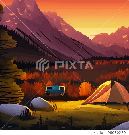 Summer camp. Vector illustration.Camping with camping background mountains with lake evening. Vintage typographic design with camping tent and forest silhouette. outdoor camping adventure background  98030279