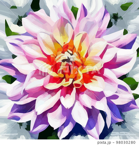 dahlia. Close-up. Spring flowers. , dahlia bud close-up. Multicolored image. Decor. Element. Vector illustration. Realistic close-up view, detailed petals 98030280