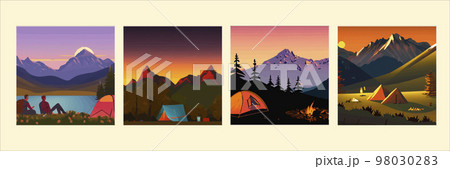 Summer camp with couple, tent and bonfire at night. Vector cartoon landscape of a natural park, countryside with a lake mountains in the background. Picnic on bank of the river, a set illustrations  98030283