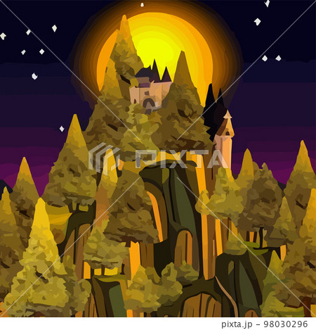 Medieval castle towers. Fairy tail appearance, king-fortress and fortified palace with gates. Old ancient gothic tower fortress or citadel citadel cartoon vector 98030296