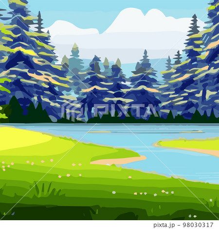 Vector illustration of beautiful spring fields with forest, mountains pond Landscape with dawn, green hill, bright blue sky. landscape with plants, leaves, flowers - greeting card, poster advertising  98030317