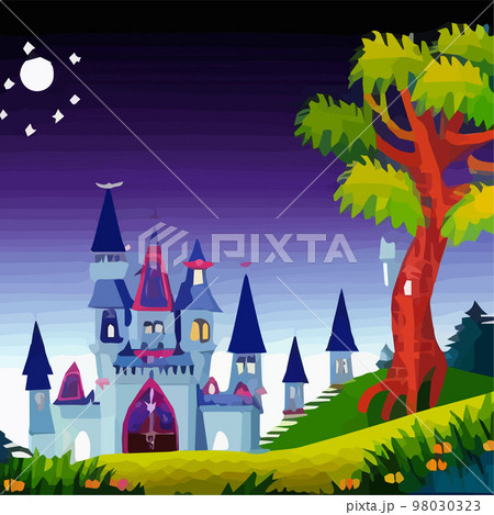 Medieval castle towers. Fairy tail appearance, king-fortress and fortified palace with gates. Old ancient gothic tower fortress or citadel citadel cartoon vector 98030323