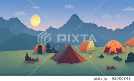 Sunny day landscape illustration in flat style with tent, campfire, mountains, forest water banner illustration. Background for summer camp, nature tourism, camping hiking design. vintage camp style Sunny day landscape illustration in flat style with tent, campfire, mountains, forest water banner illustration. Background for summer camp, nature tourism, camping hiking design. vintage camp style 98030348