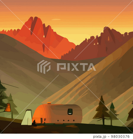 Summer camp. Vector illustration.Camping with camping background mountains with lake evening. Vintage typographic design with camping tent and forest silhouette. outdoor camping adventure background  98030376