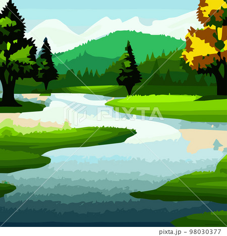 Vector illustration of beautiful spring fields with forest, mountains pond Landscape with dawn, green hill, bright blue sky. landscape with plants, leaves, flowers - greeting card, poster advertising Vector illustration of beautiful spring fields with forest, mountains pond Landscape with dawn, green hill, bright blue sky. landscape with plants, leaves, flowers - greeting card, poster advertising 98030377
