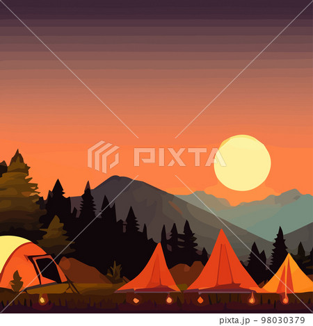 Summer camp. Vector illustration.Camping with camping background mountains with lake evening. Vintage typographic design with camping tent and forest silhouette. outdoor camping adventure background Summer camp. Vector illustration.Camping with camping background mountains with lake evening. Vintage typographic design with camping tent and forest silhouette. outdoor camping adventure background 98030379