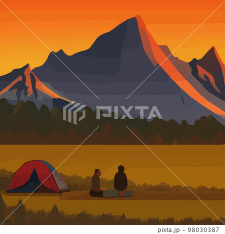 Summer camp. Vector illustration.Camping with camping background mountains with lake evening. Vintage typographic design with camping tent and forest silhouette. outdoor camping adventure background  98030387