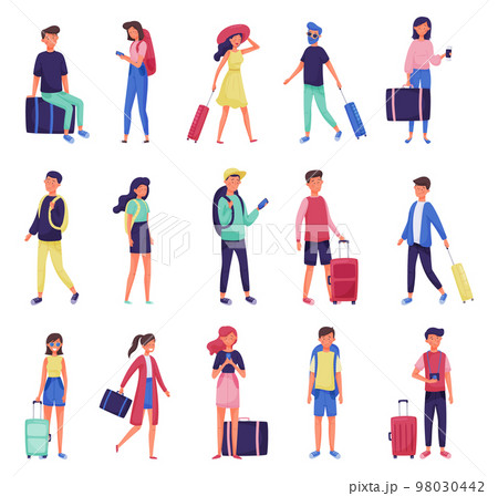 People Traveler with Suitcases and Backpack Enjoying Journey on Vacation Big Vector Set 98030442