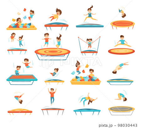 Cute kids jumping on trampolines set. Happy children bouncing on trampoline, active entertainment cartoon vector 98030443