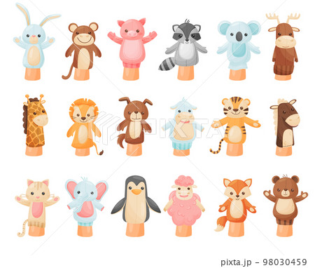 Hands animal puppets set. Lion, giraffe, monkey, kitten puppy, elephant, horse, bear, sheep animal dolls on hands cartoon vector 98030459