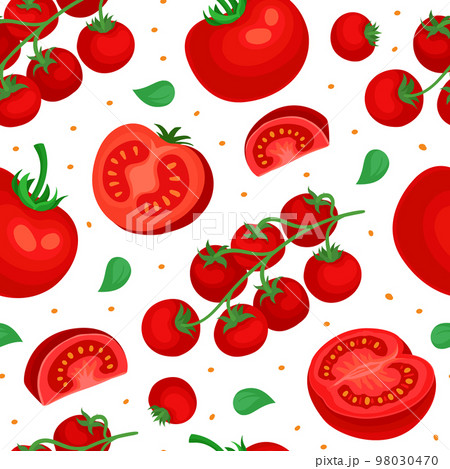Fresh tomatoes seamless pattern. Ripe organic vegetables repeating print for wallpaper, wrapping paper, textile, package design cartoon vector 98030470