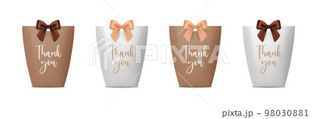 Vector 3d Realistic Brown and White Paper Gift Bag, Box for Birthday or Party with Brown and Beige Silk Bow, Ribbon. Carry Bag for Present Icon Set Isolated on White Background 98030881