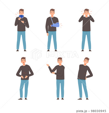 Man feeling pain in body caused by illness or injury set. Man suffering from pain in neck, ears, elbow, stomach, headache, backache, cartoon vector illustration Man feeling pain in body caused by illness or injury set. Man suffering from pain in neck, ears, elbow, stomach, headache, backache, cartoon vector illustration 98030945