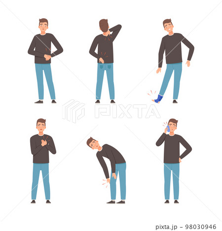 Man feeling pain in body caused by illness or injury set. Man suffering from toothache, headache, backache, pain in knee cartoon vector illustration Man feeling pain in body caused by illness or injury set. Man suffering from toothache, headache, backache, pain in knee cartoon vector illustration 98030946