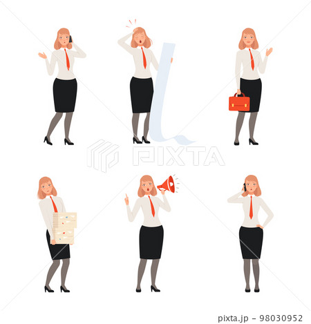 Set of businesswoman taking part in business activities. Office employee shouting at loudspeaker, talking on phone, carrying heavy stak of documents cartoon vector Set of businesswoman taking part in business activities. Office employee shouting at loudspeaker, talking on phone, carrying heavy stak of documents cartoon vector 98030952