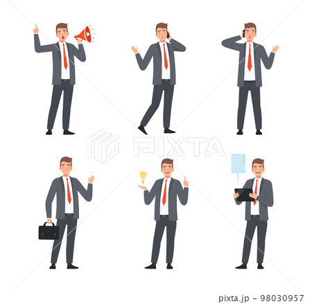 Set of businessman taking part in business activities. Office employee in suit brainstorming, shouting at loudspeaker, talking on phone cartoon vector illustration 98030957