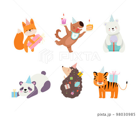 Set of cute adorable animals celebrating birthday set. Amusing fox, puppy, bear, panda, hedgehog, tiger at party hats holding gifts cartoon vector illustration 98030985