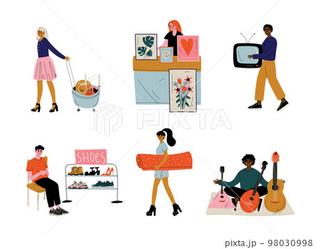 People selling secondhand stuffs at flea market set. Customers buying shoes, musical instruments, pictures at market fair cartoon vector illustration People selling secondhand stuffs at flea market set. Customers buying shoes, musical instruments, pictures at market fair cartoon vector illustration 98030998