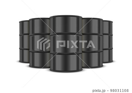 Vector 3d Realistic Five Black Barrels, Hazard Liquid. Caution Barrel, Radioactive, Hazardous Chemical Materials, Toxic Pollution, Many Danger Barrels, Set Closeup Isolated. Front View 98031108