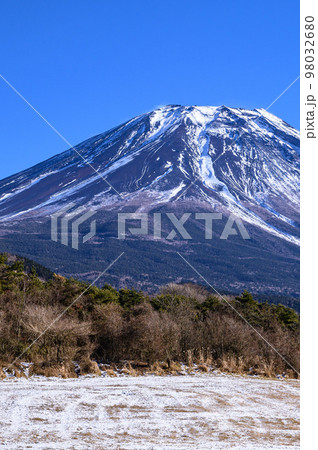 富士ヶ嶺の田園地帯と富士山の絶景・冬景色 98032680