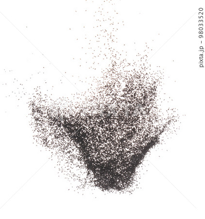 Black Sesame seeds flying explosion, black grain wave floating. Abstract cloud fly splash in air. Sesame seed is material food. White background Isolated high speed shutter, freeze stop motion Black Sesame seeds flying explosion, black grain wave floating. Abstract cloud fly splash in air. Sesame seed is material food. White background Isolated high speed shutter, freeze stop motion 98033520