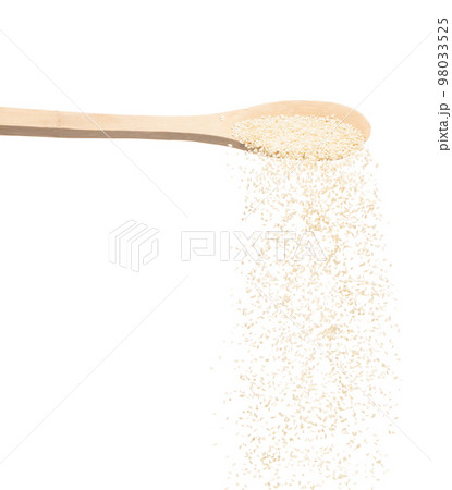 White Sesame pouring down from wooden spoon, white Sesame grain wave floating, fall in air. Basil seed is organic healthy food. White background Isolated high speed shutter, freeze stop motion White Sesame pouring down from wooden spoon, white Sesame grain wave floating, fall in air. Basil seed is organic healthy food. White background Isolated high speed shutter, freeze stop motion 98033525