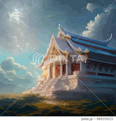 Creative illustration and innovative art: Ancient Chinese Temple in the clouds on a rocky mountain. background for a holiday card 98035015