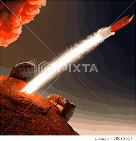 The outer space launch system takes off. Vector illustration , astronomy, space exploration, colonization of Mars. Space adventure. First colonies. Terraforming. Modern flat design. The outer space launch system takes off. Vector illustration , astronomy, space exploration, colonization of Mars. Space adventure. First colonies. Terraforming. Modern flat design. 98035017
